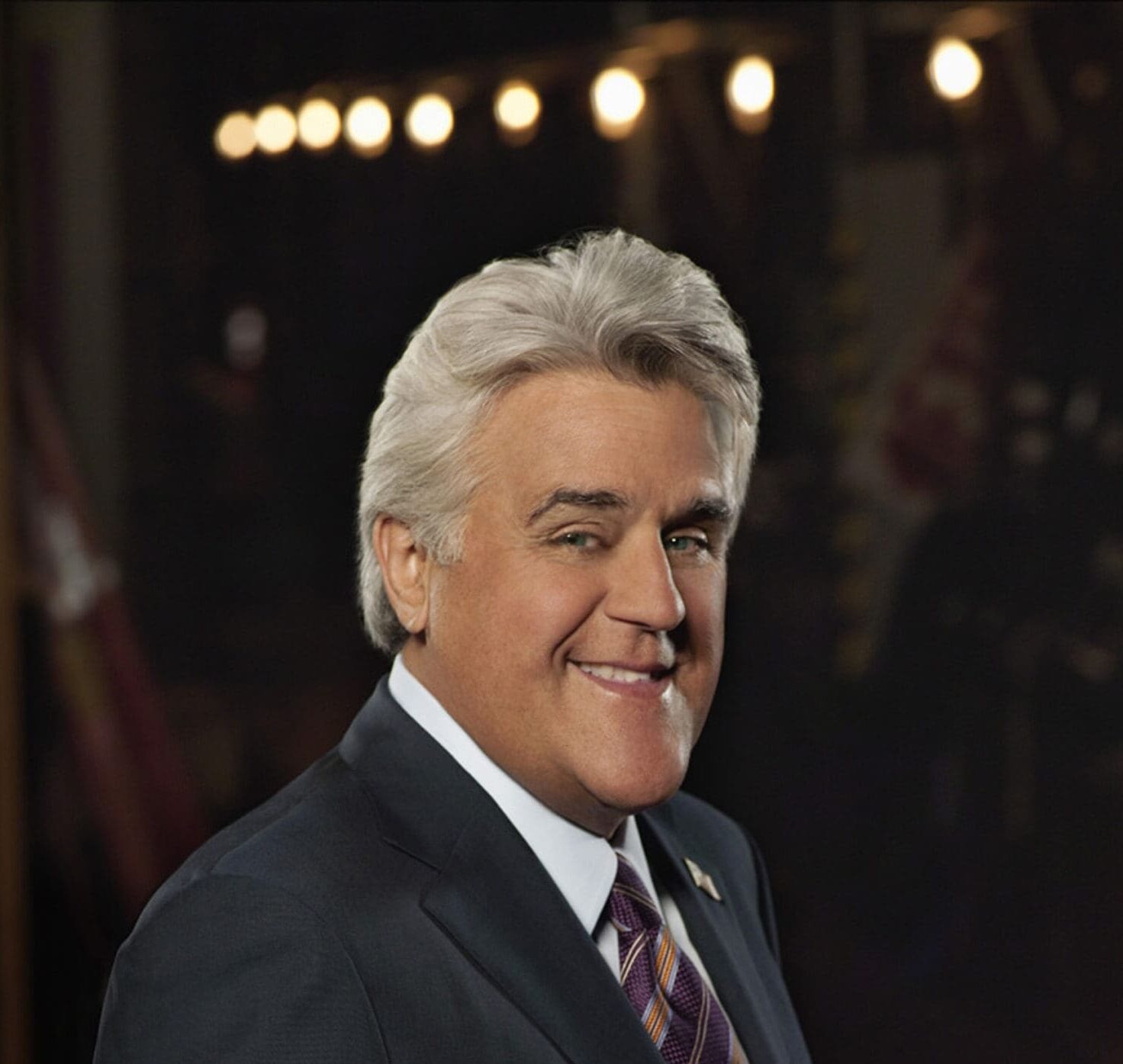 Jay Leno portrait with stage lights above his head