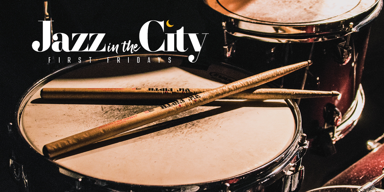 Snare drum and drumsticks with Jazz in the City title logo