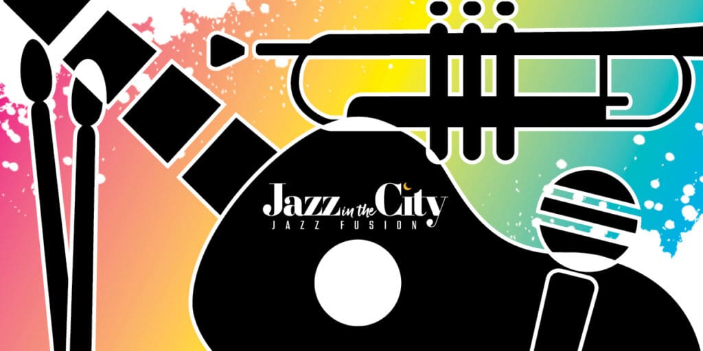 colorful graphic for Jazz inthe City Fusion with black instruments against rainbow color background