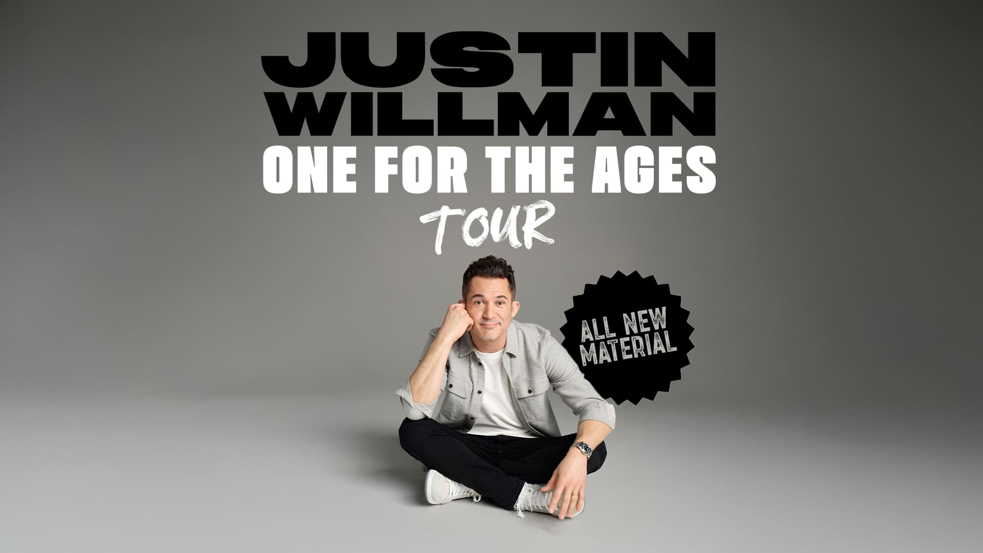 Title art for JUSTIN WILLMAN sitting cross-legged on the flow with a gray background