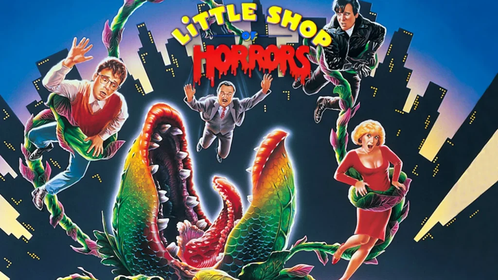 Movie poster for Little Shop of Horrors featuring Audrey 2 and main characters in animation