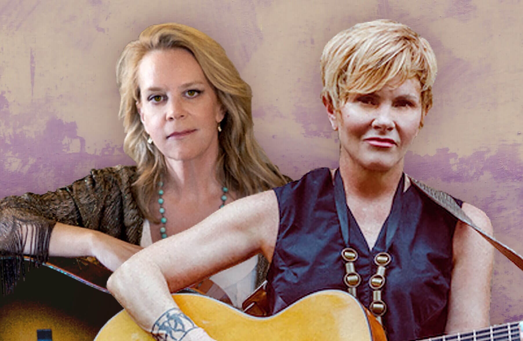 Mary Chapin Carpenter and Shawn Colvin sit next to each other holding a guitar