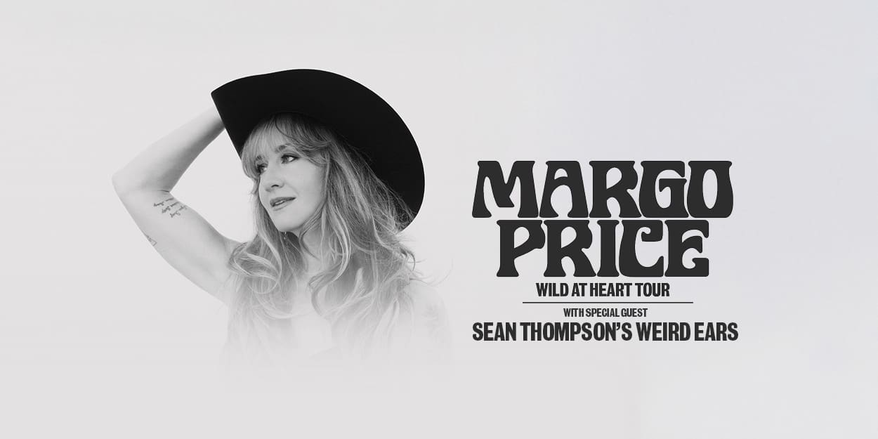 black and white portrait photo of Margo Price wearing a black cowboy hat