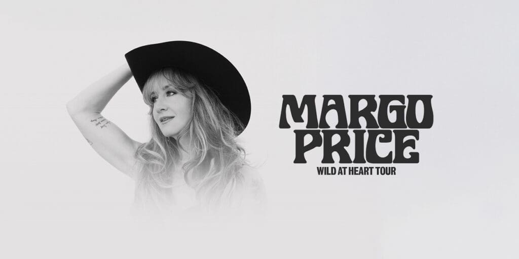 black and white portrait photo of Margo Price wearing a black cowboy hat