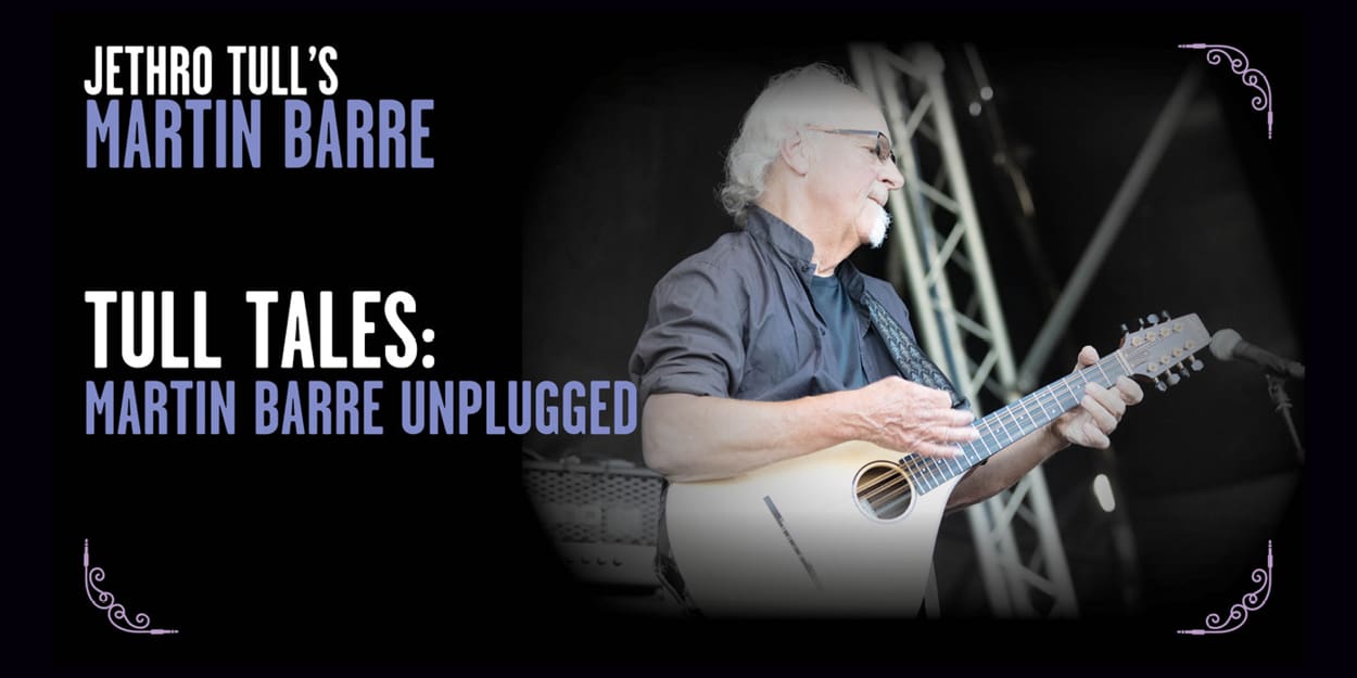 Martin Barre playing mandoline with concert title