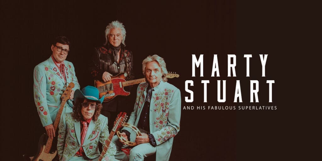 group photo of Marty Stuart and His Fabulous Superlatives in light green country suits seated on the left against black background with the band logo in white on the right