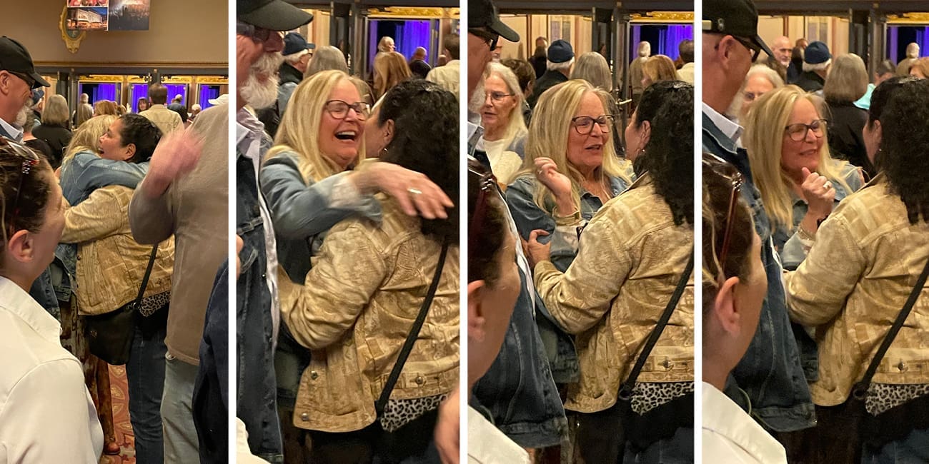 4 photo collage of elated guests meeting unexpectedly in the lobby