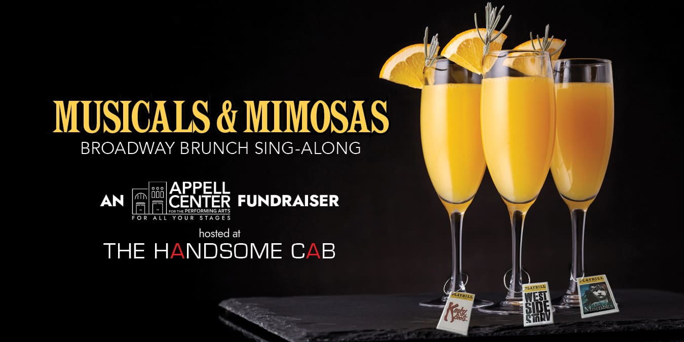 title image for Musicals & Mimosas Broadway Brunch Fundraiser with title on left and 3 champagne flutes of mimosas on the right with wine glass charms that have show logos on them