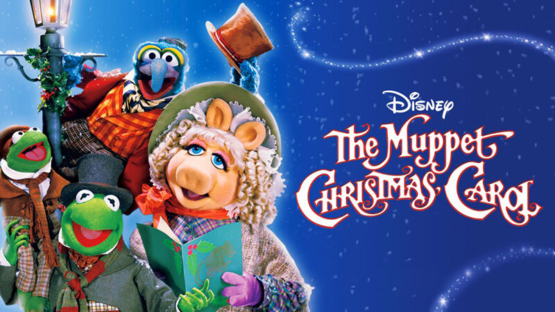 title poster for The Muppets Christmas Carol with Kermit, Robin, Miss Piggy and Gonzo