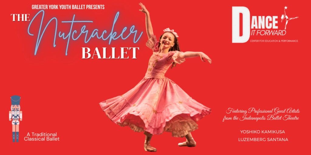 Title image for Dance It Forward's Nutcracker Ballet with dancer as Clara on a red background