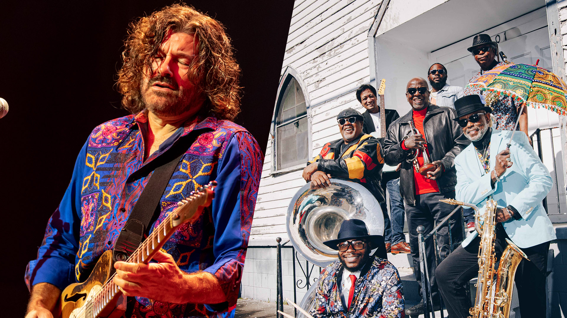 Side by side photos of blues guitarist Tab Benoit ad the 7 members of the Dirty Dozen Brass Band