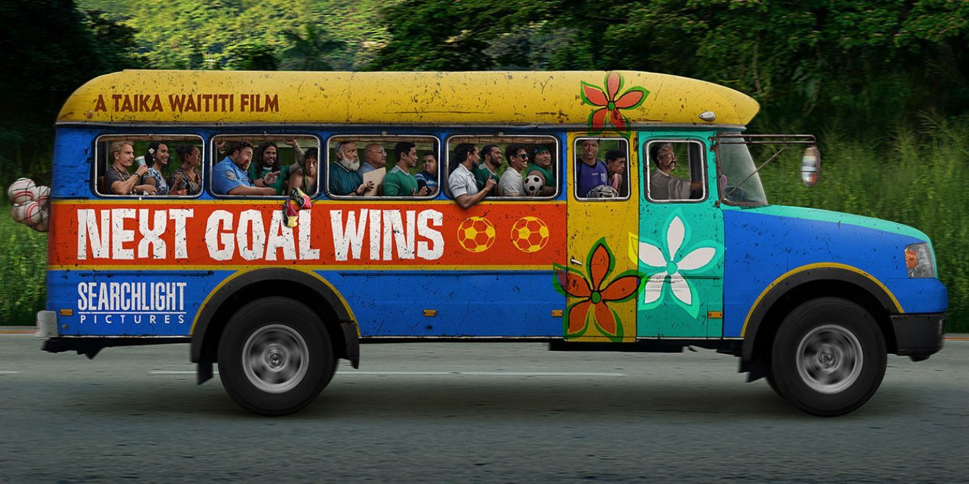 Next Goal Wins title on colorful school bus