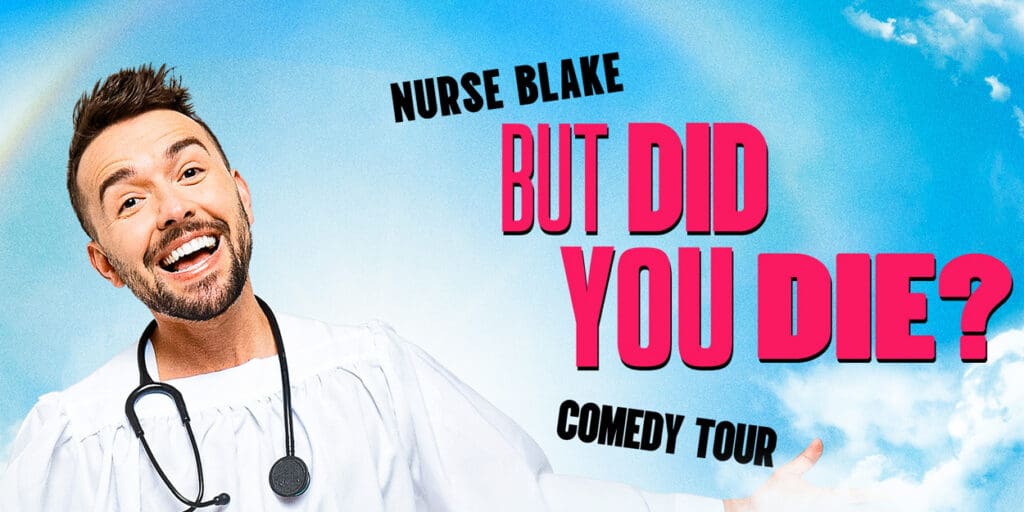 Nurse Blake dressed in white choir robe with stethoscope around his neck and the show title in hot pink to the right