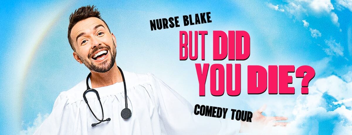 Nurse Blake dressed in white choir robe with stethoscope around his neck and the show title in hot pink to the right