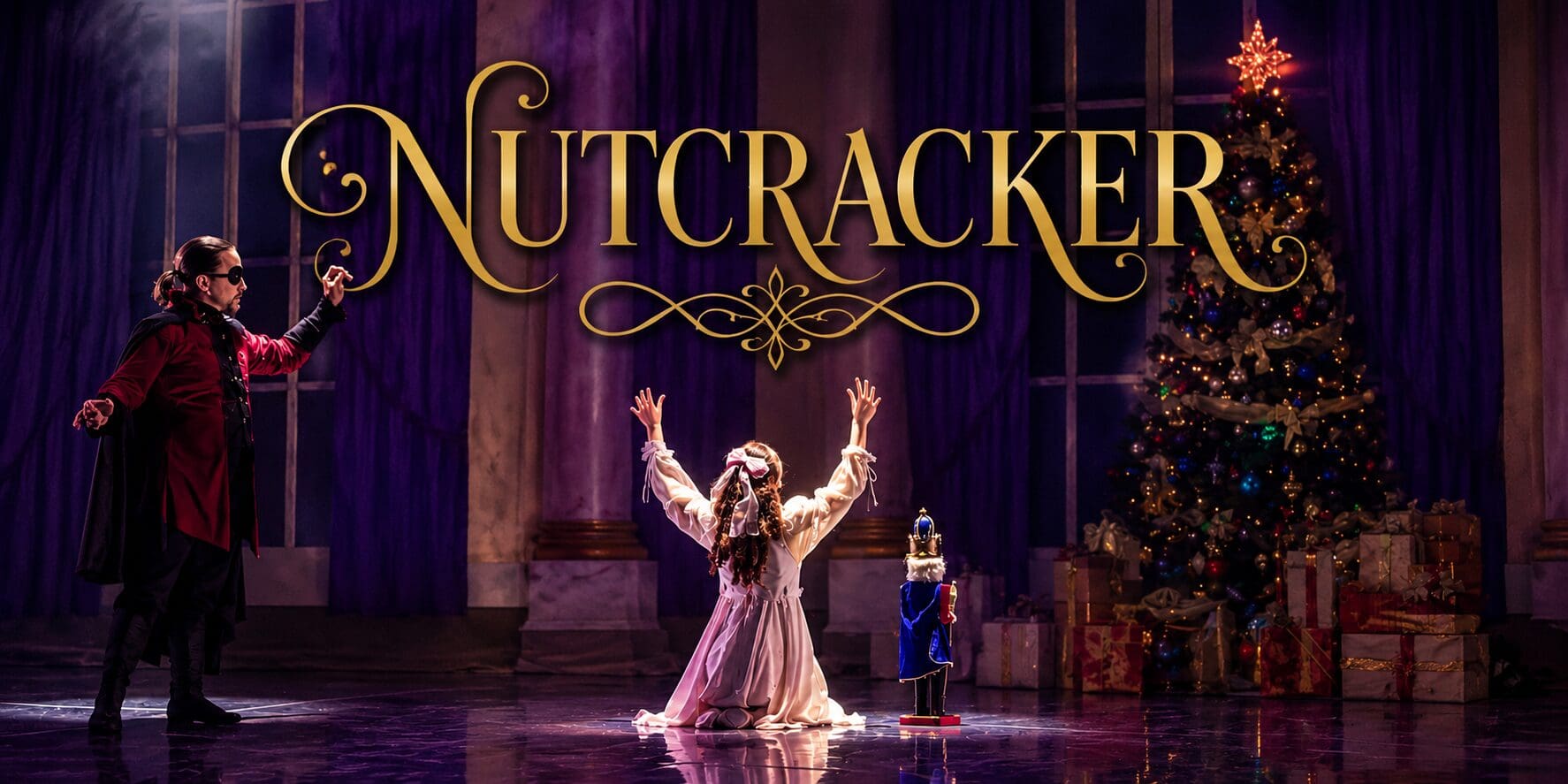 scene from The Nutcracker with Clara on her knees in front of the Christmas tree with a nutcracker next to her and Drosselmeyer to her left