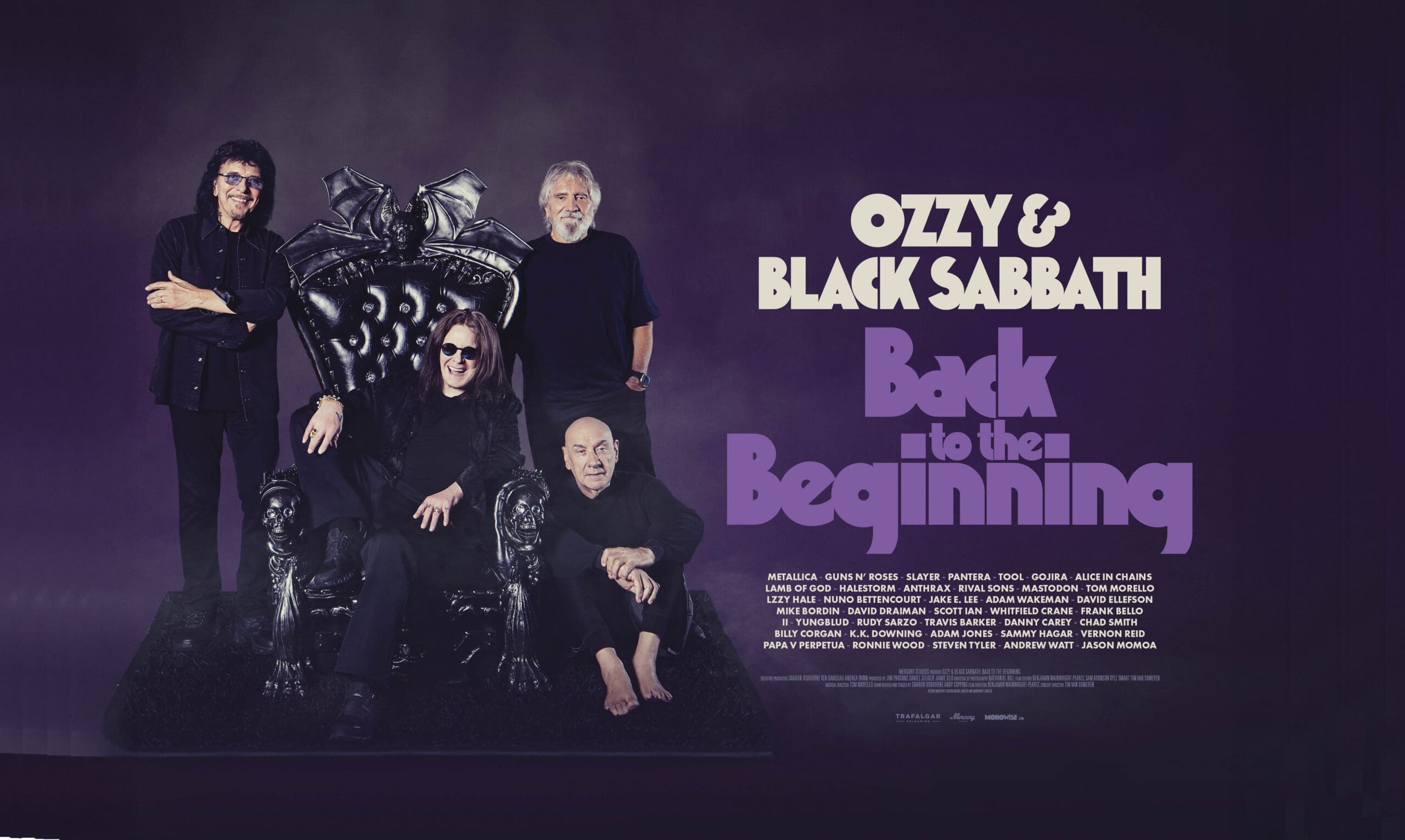 Members of Black Sabbath standing around Ozzy Osbourne sitting i his black throne with film title on the right