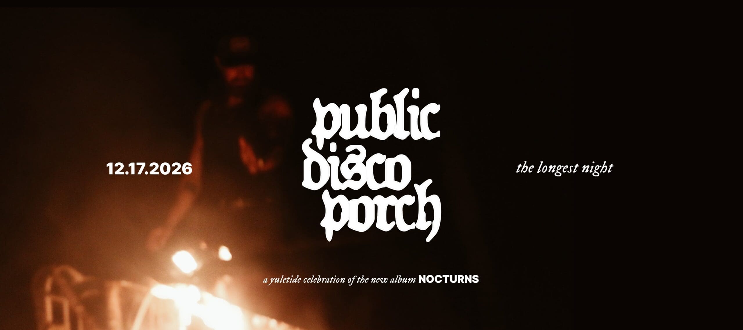 graphics title art with Public Disco Porch logo on brown photo background with lit candle at the bottom