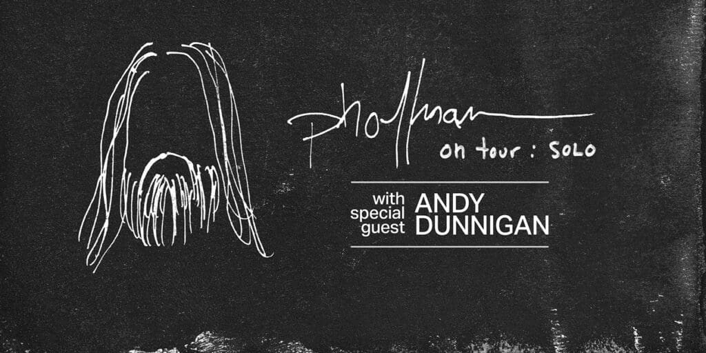 ad for Paul Hoffman on black chalkboard with sketch of his head and text about the show