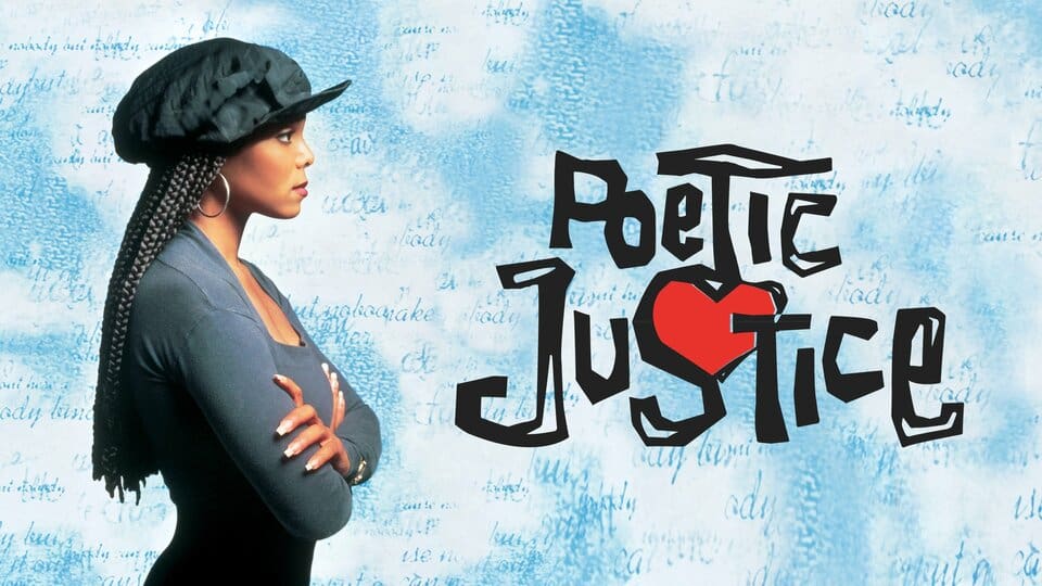 movie poster image for POETIC JUSTICE showing the title and a side view of Janet Jackson's character with her arms crossed facing the title