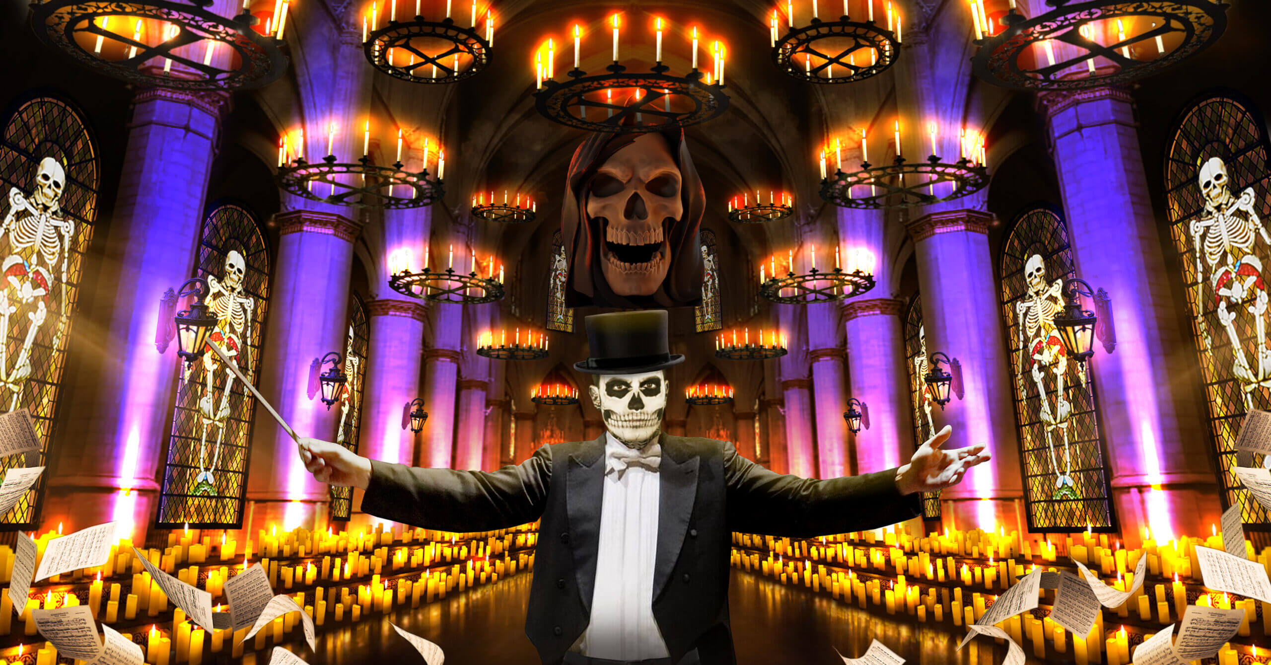 The Rock Orchestra conductor with skeleton mask and top hat in front of a mass of candles