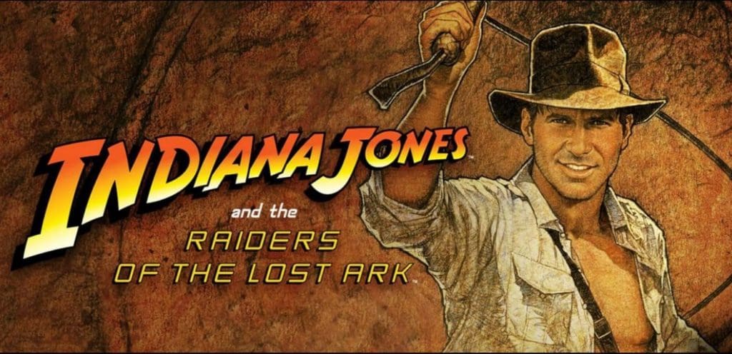 Movie poster for Raiders of the Lost Ark featuring Harrison Ford illustration holding a whip