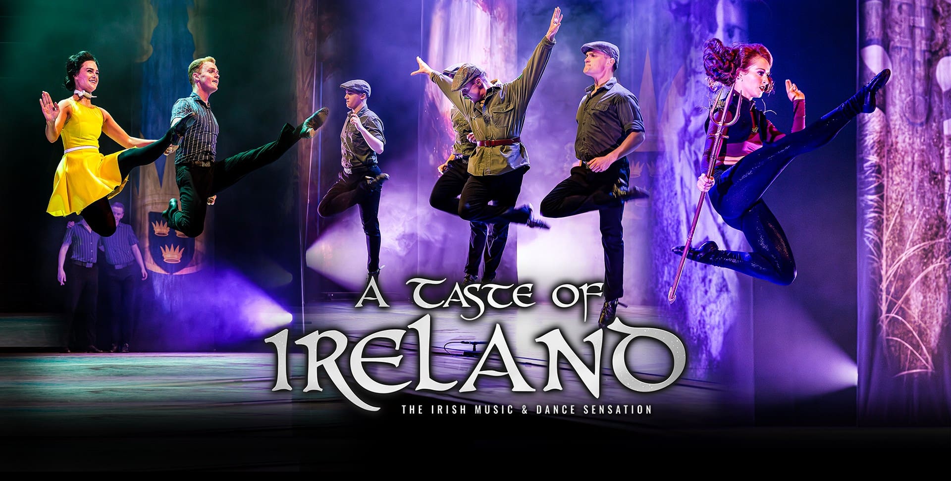 collage of irish step dancers with purple stage lights and title in white celtic font
