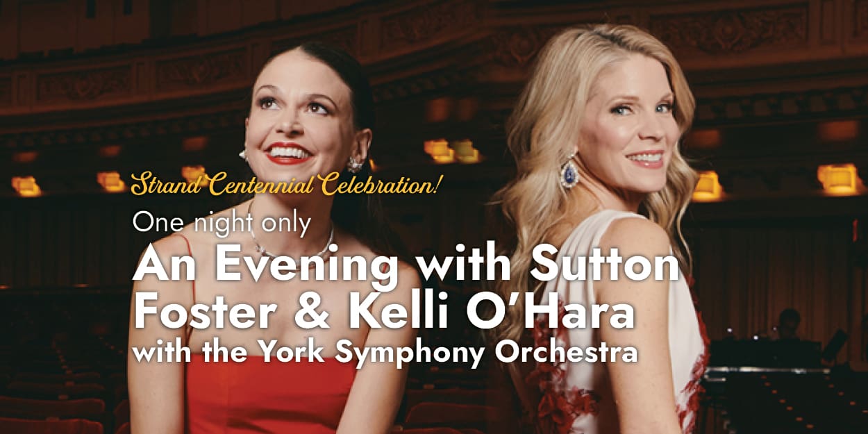 Close-up of Sutton Foster and Kelli O'Hara back to back with stage lights behind them