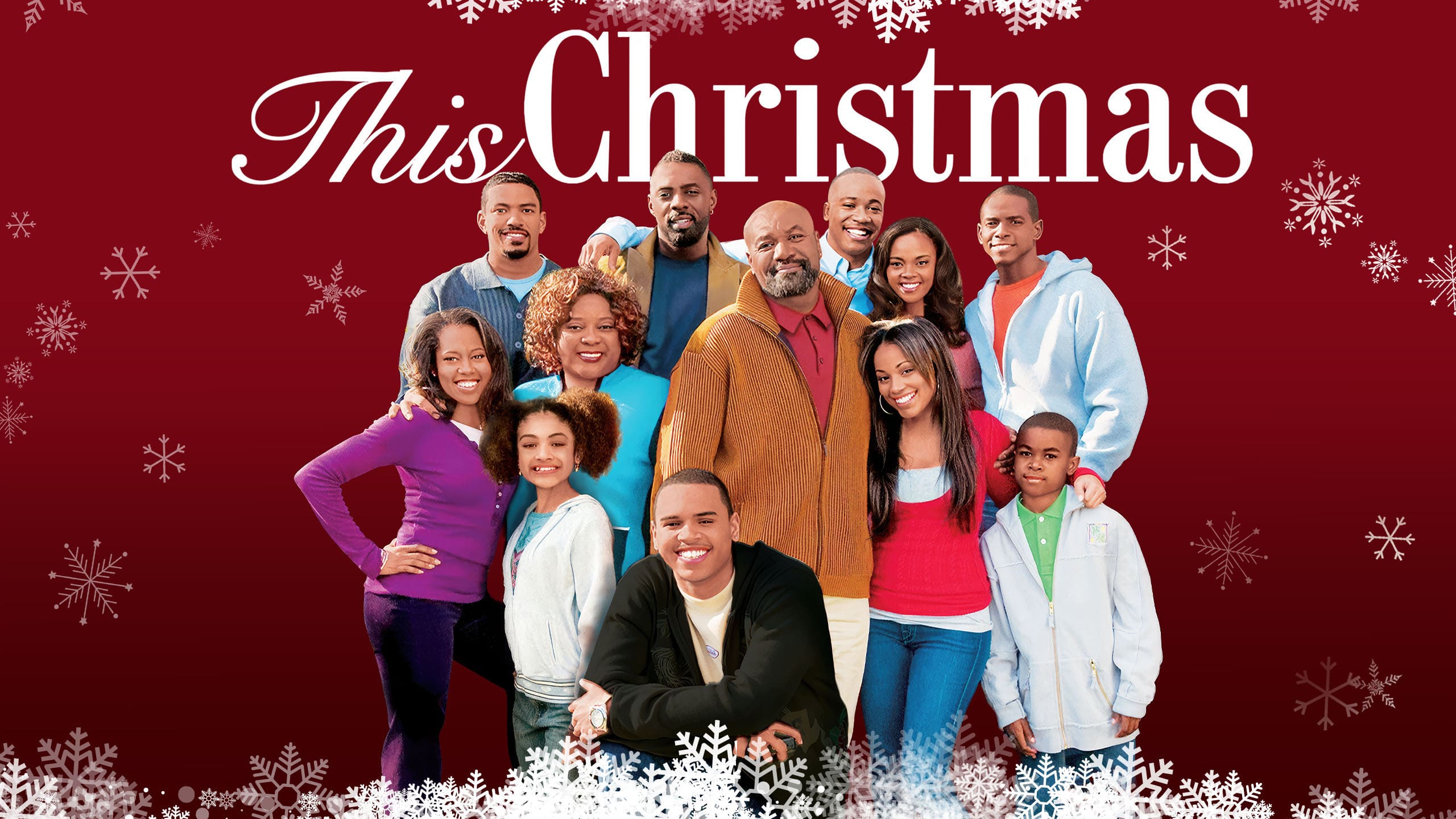 movie poster for THIS CHRISTMAS shoing the entire cast in a portrait photo on a brick red background with snowflakes framing.