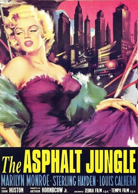 Vintage poster for the movie The Asphalt Jungle featuring Marilyn Monroe in a purple evening dress