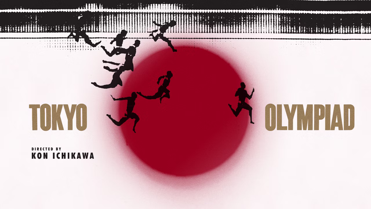 film poster for TOKYO OLYMPIAD with animated runners against the Japanese flag