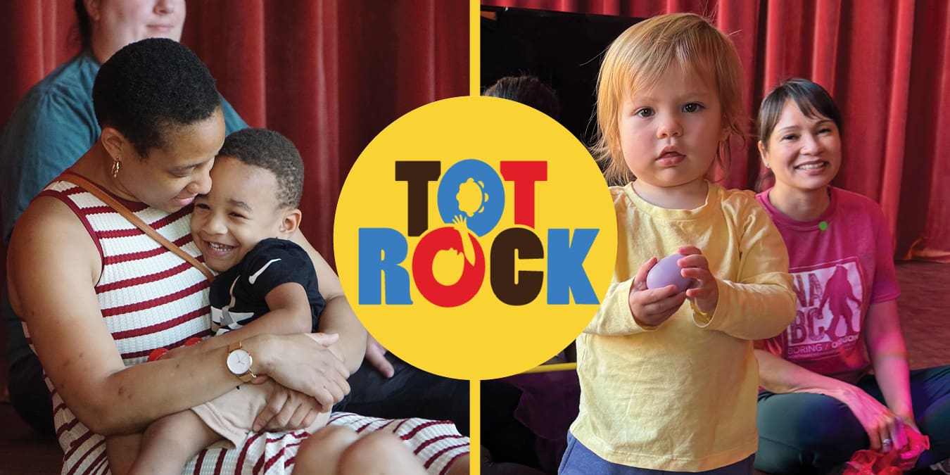 Two families at Tot Rock with title logo in the center