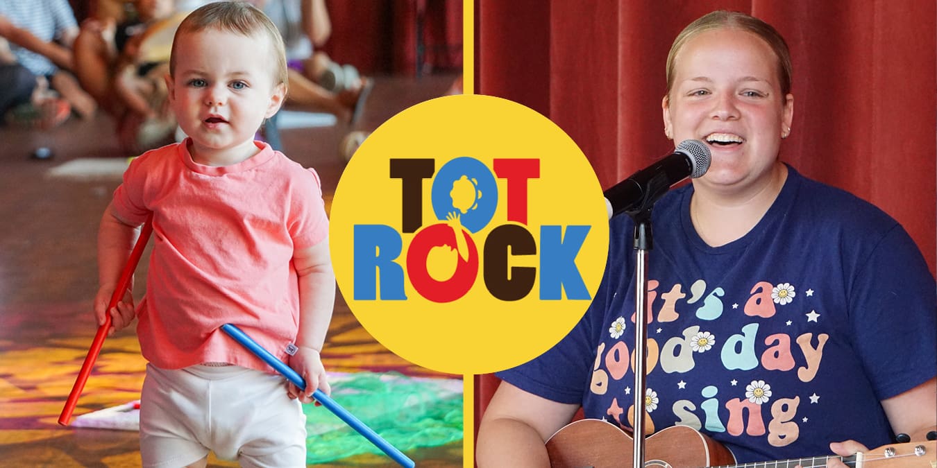 Two families at Tot Rock with title logo in the center
