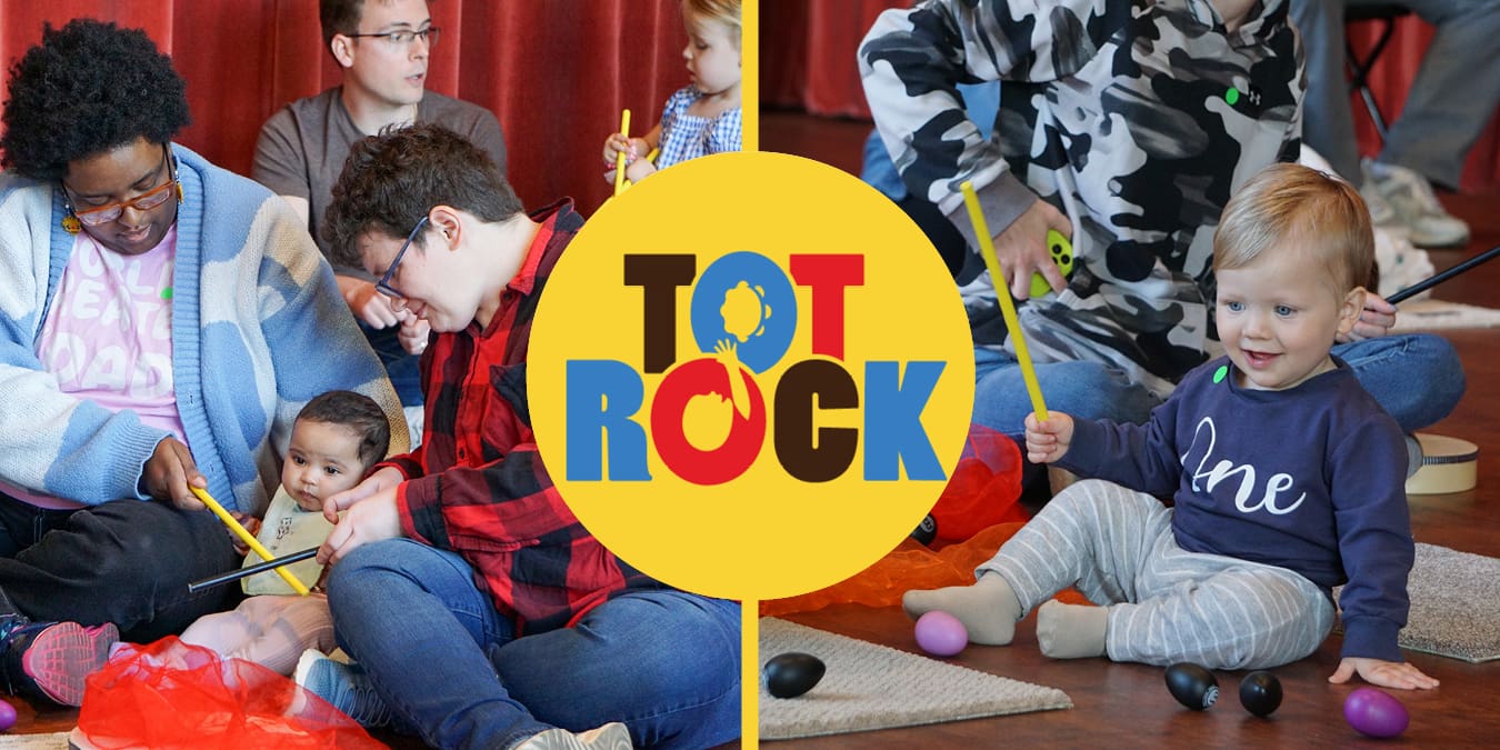 Two families at Tot Rock with title logo in the center