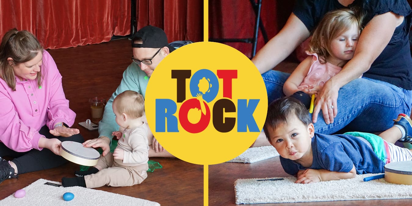 Two families at Tot Rock with title logo in the center