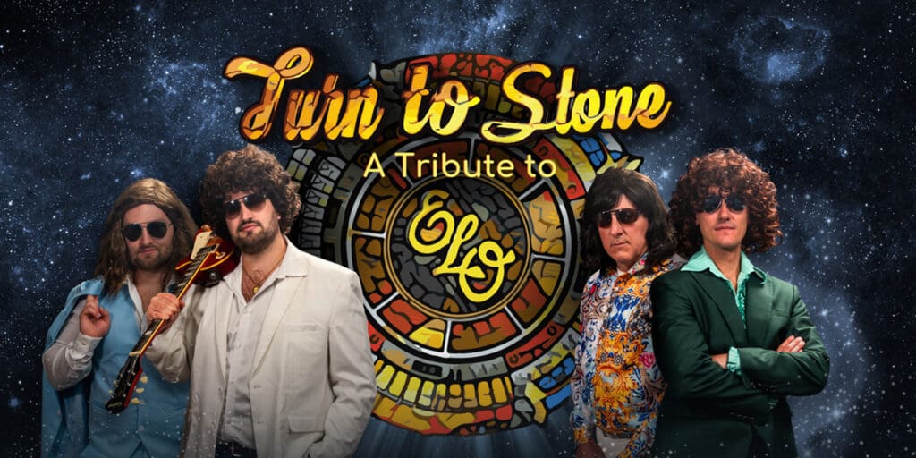 Members of the band Turn To Stone: A Tribute to ELO against the band logo