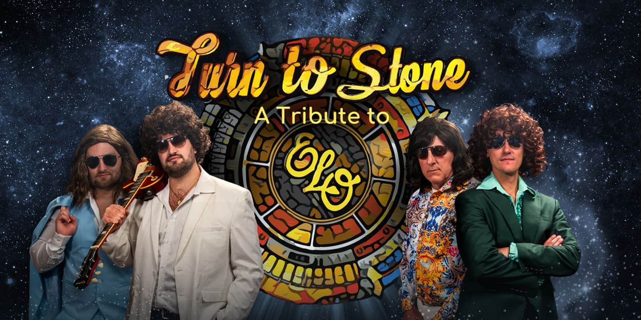 Members of the band Turn To Stone: A Tribute to ELO against the band logo