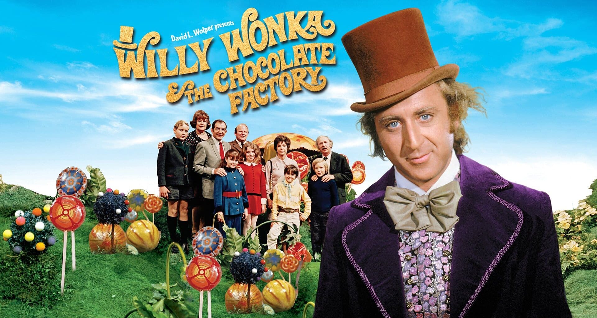color movie poster for Willy Wonka and the Chocolate Factory with title and large image of Gene Wilder and the full cast behind