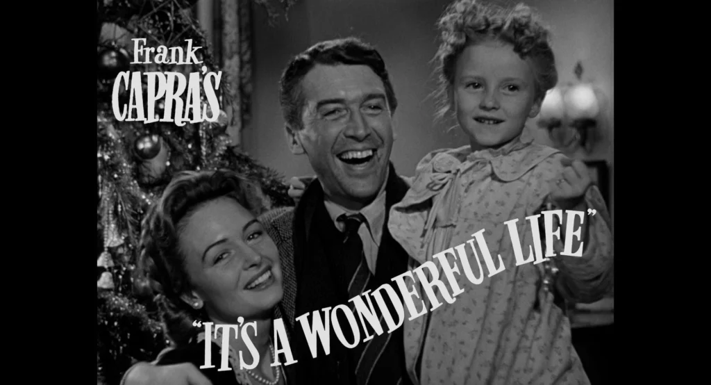 Black and white title image for It's A Wonderful Life featuring Jimmy Stewart and his on-screen family