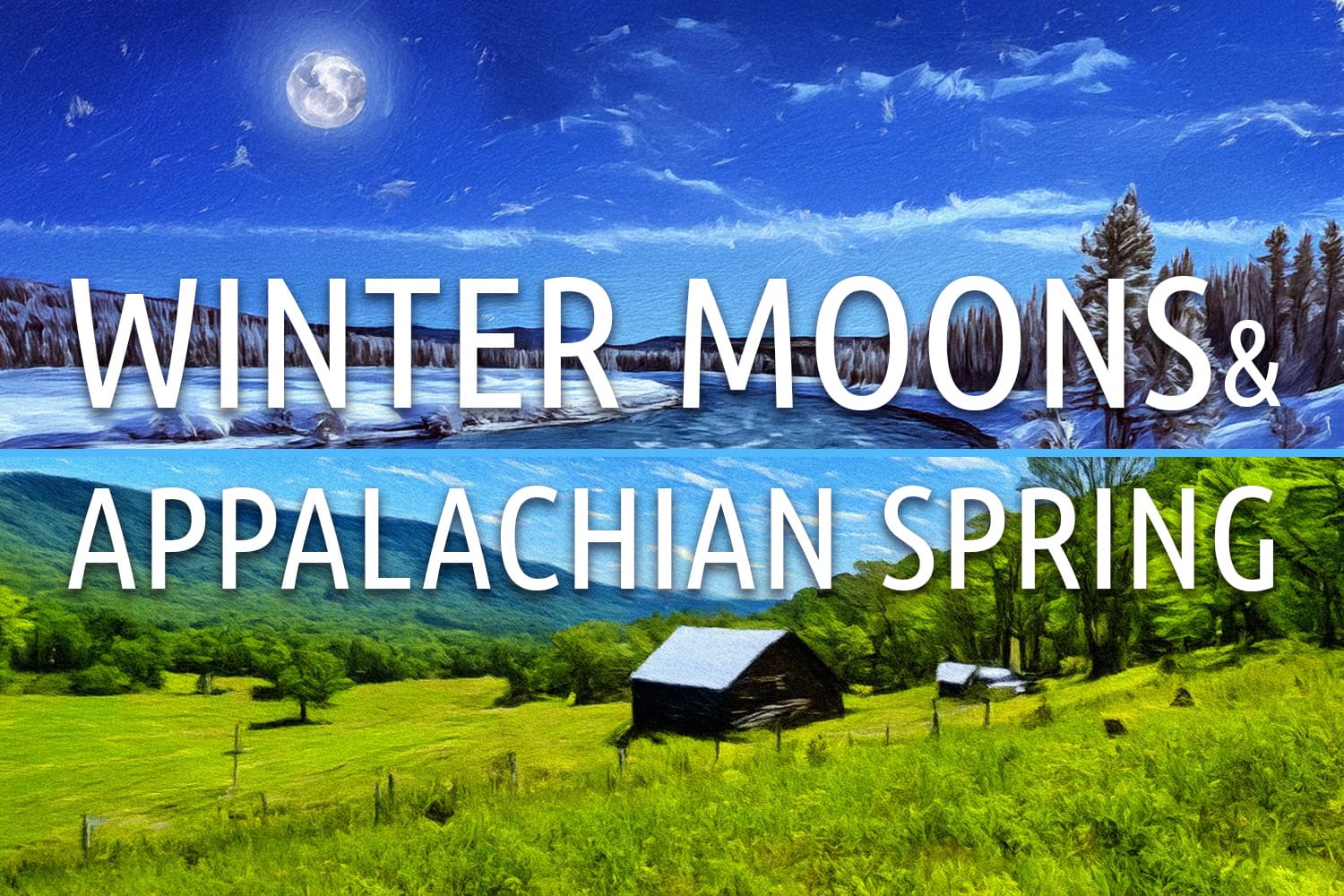 York Symphony totle image for Winter Moons & Appalachian Spring agains a photo of a farm house surrounded by green fields and a blue sky