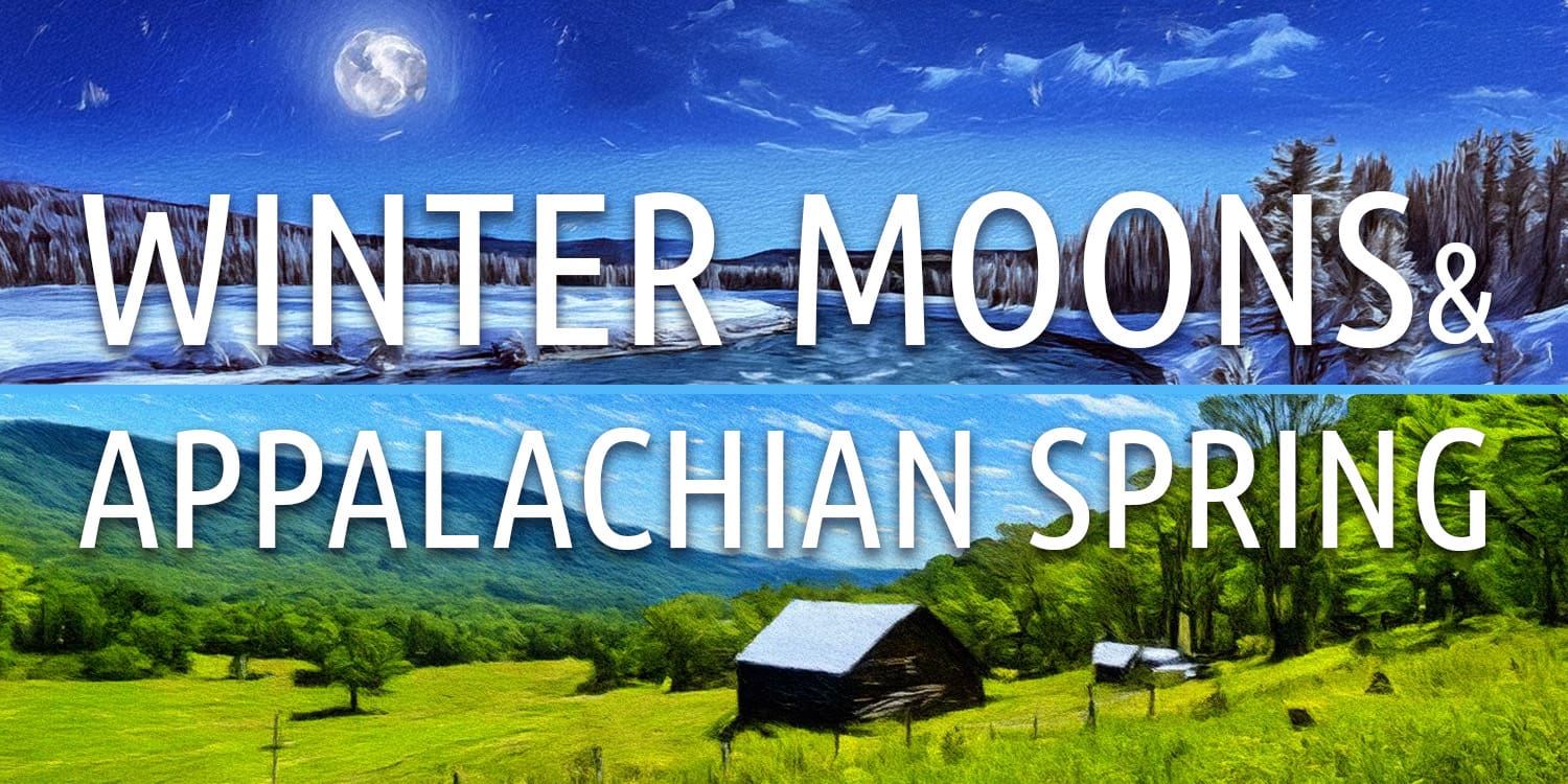 York Symphony totle image for Winter Moons & Appalachian Spring agains a photo of a farm house surrounded by green fields and a blue sky