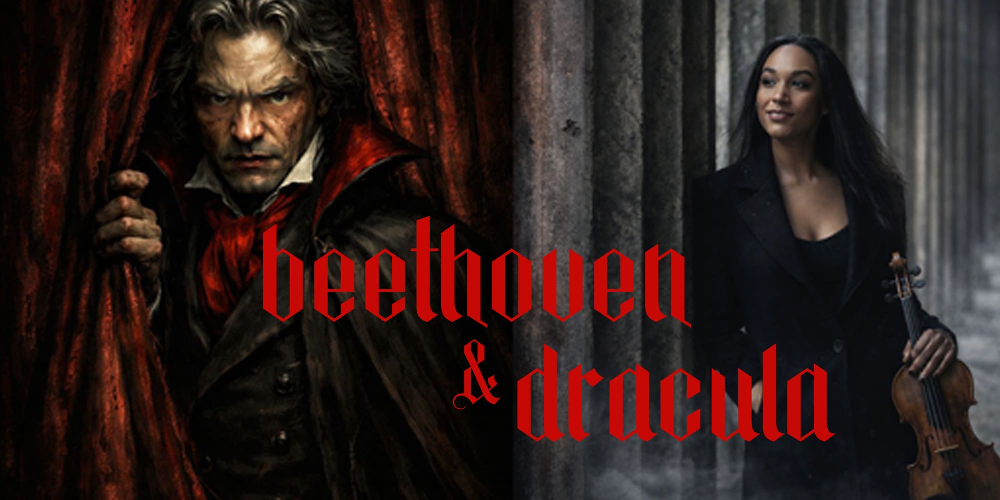 color illustrative graphic of Beethoven in a horror scene alongside a female musician with the concert title in red