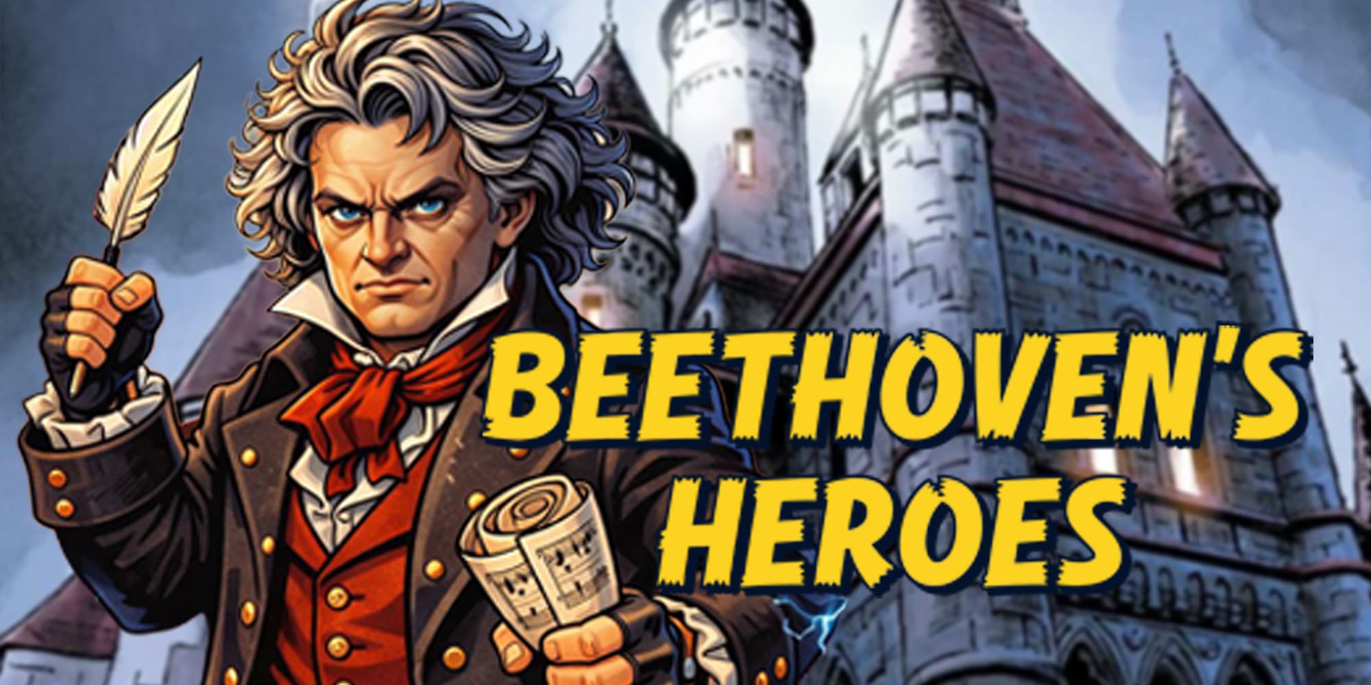 Animated graphic of Beethovem holding a quill and manuscript with title in yellow block letters
