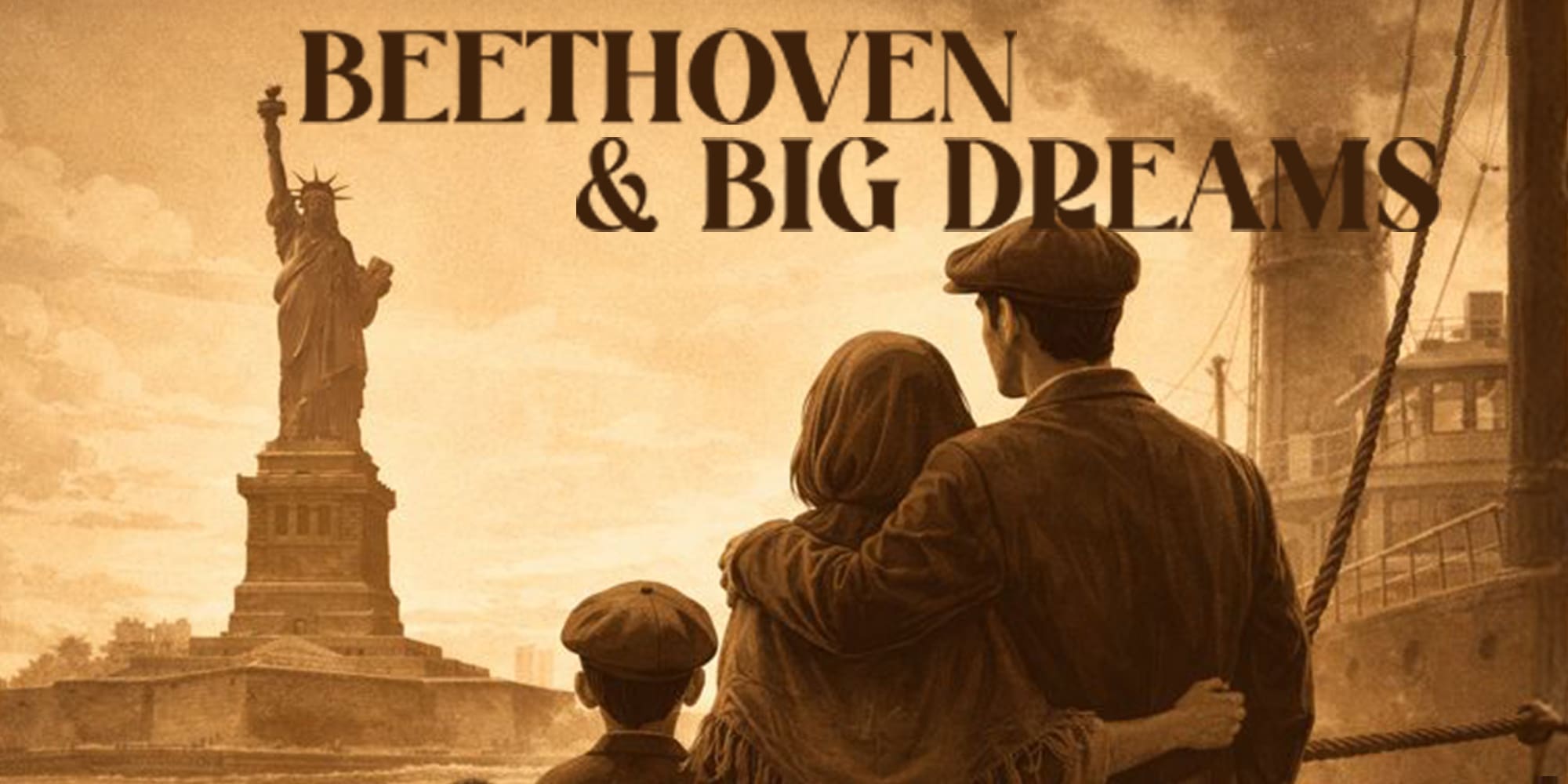 beige illustrative graphic of a family of 3 arm-in-arm looking off at the Statue of Liberty