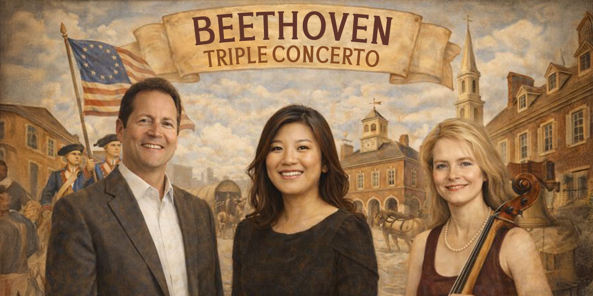 illustrative grahic of 3 soloist musicians infront of a colonial scene