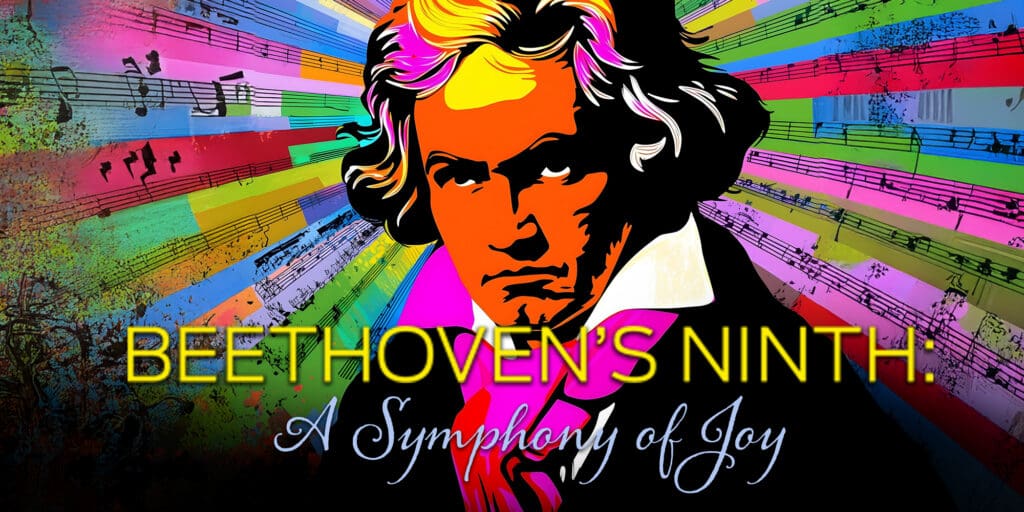illustrative graphic of beethoven portrait in bright colors surrounded by beams of colored stripes of manuscript with title in yellow