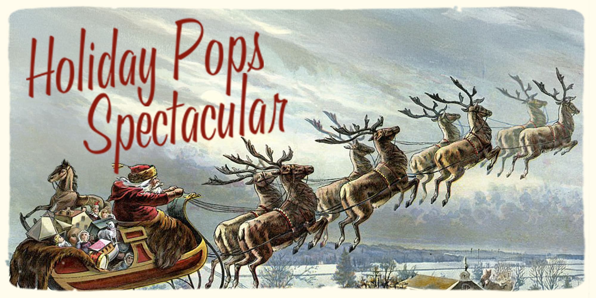 sinter scene with Santa's sleight and reindeer flying through the clouds with title in red script font