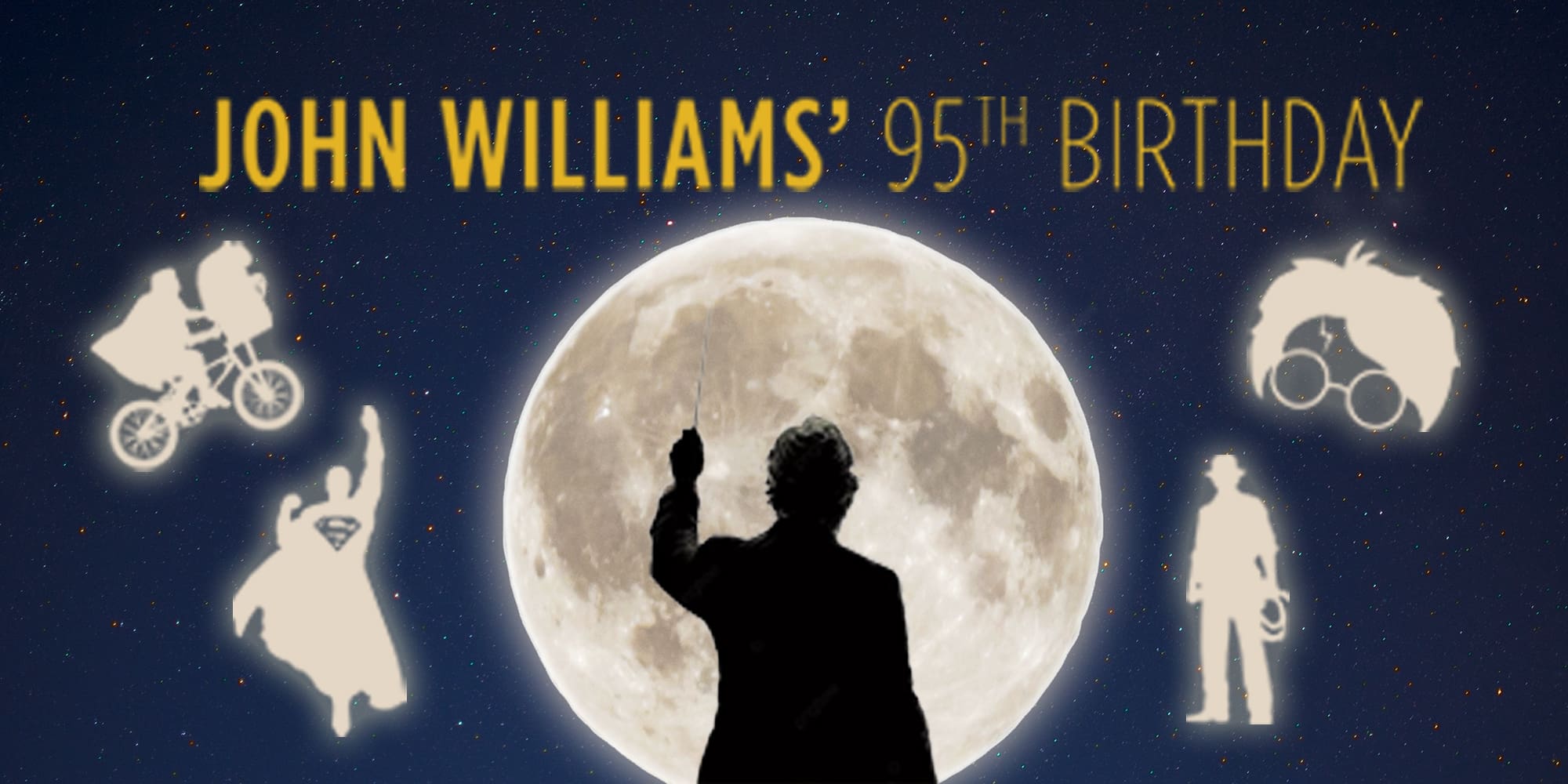 illustrative graphic of a conductor silouhette in front of a full moon with white images from ET, Superman, Harry Potter and Indiana Jones with title in yellow