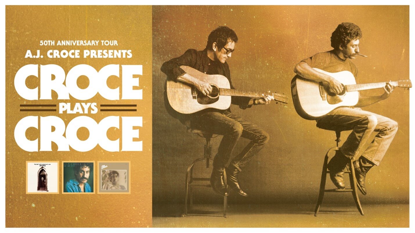 Croce Plays Croce title featuring a side by side of AJ and Jim both playing acoustic guitars