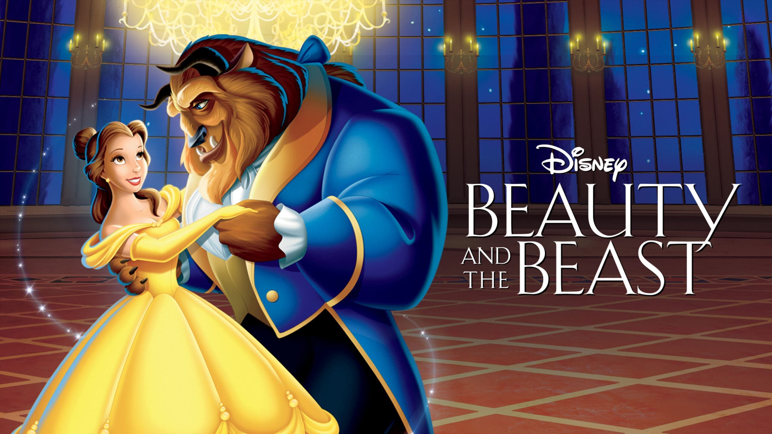 Movie poster for Disney Beauty and the Beast, featuring the Beast dancing with Belle in the ballroom