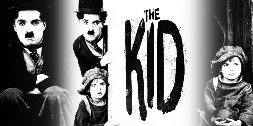 landscape black and white title image for Charlie Chapin's The Kid featuring Chaplin and his costar